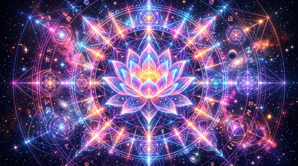 Neon lotus flower at center of cosmic geometric mandala with stars and galaxies