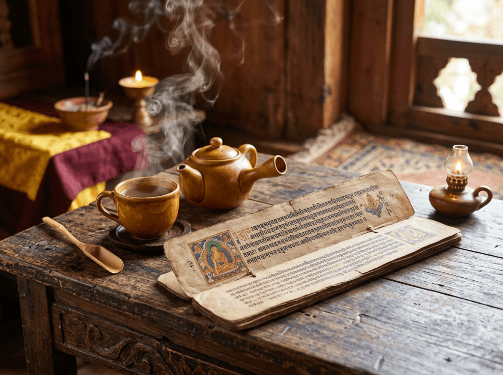 Open ancient Tibetan manuscript with steaming teapot and cup on wooden table