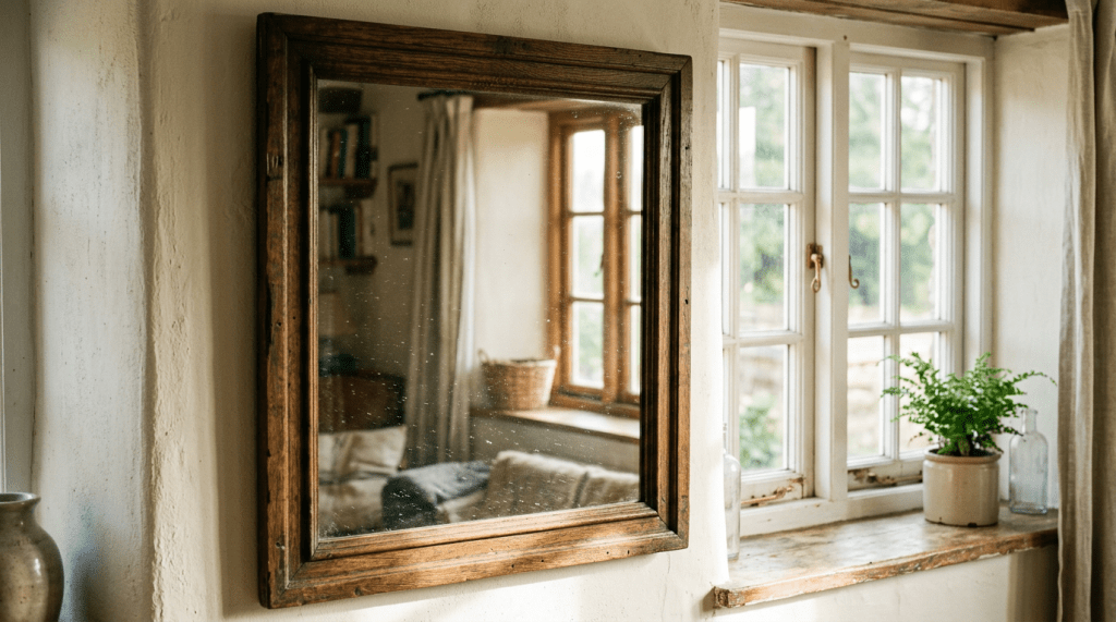 Rustic wooden framed mirror reflecting a cozy room interior and white window with potted plant