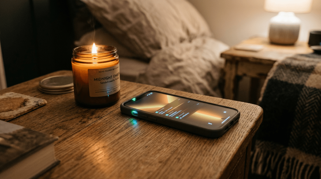 Burning scented candle and smartphone on wooden nightstand beside bed
