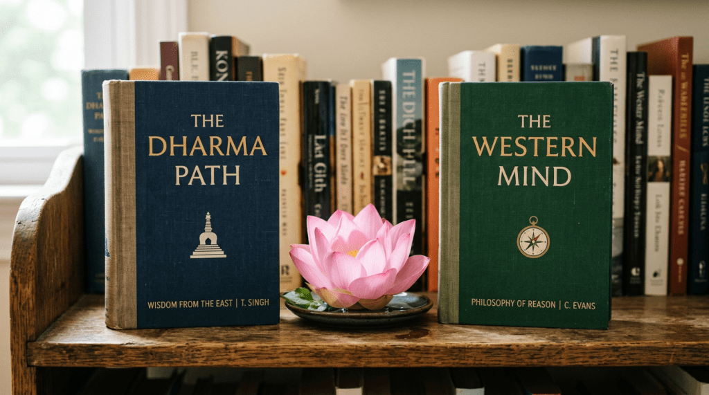 Books titled The Dharma Path and The Western Mind placed on a wooden shelf with a pink lotus flower in between