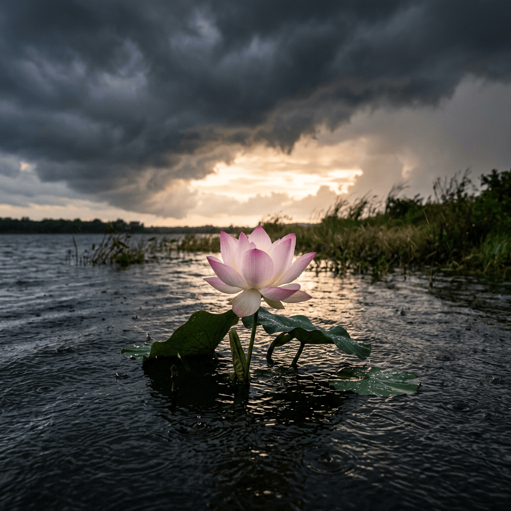Pink lotus flower blooming in a lake beneath storm clouds