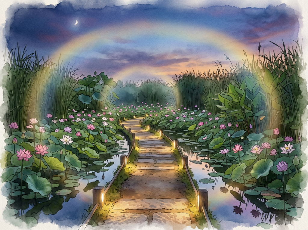 Lantern-lit path through a water lily-filled wetland beneath a rainbow and crescent moon