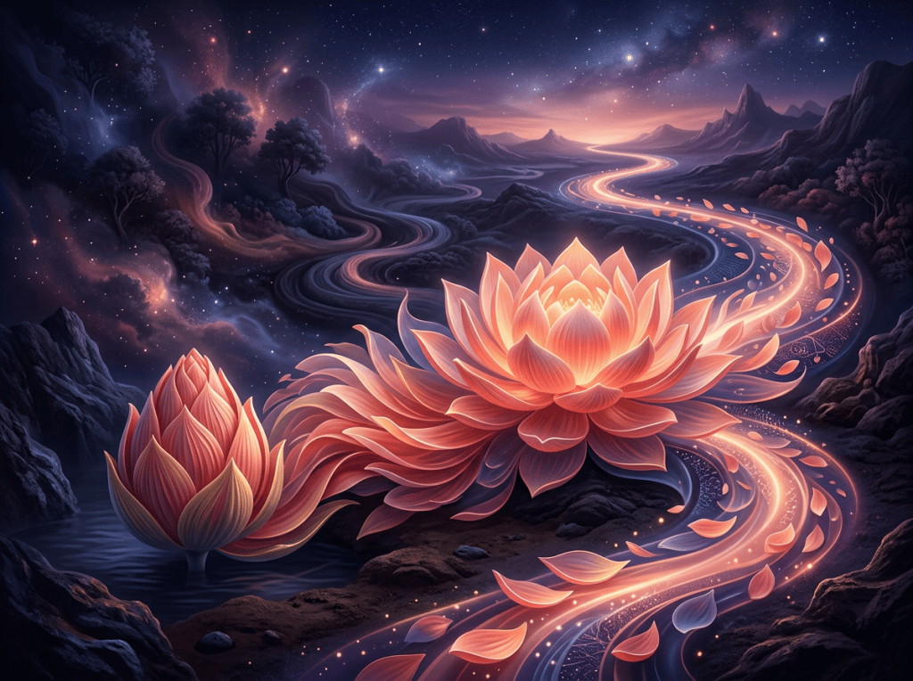 Glowing lotus flowers beside a winding luminous river under a starry sky