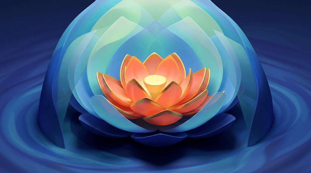 Glowing coral lotus surrounded by translucent blue petals on dark water