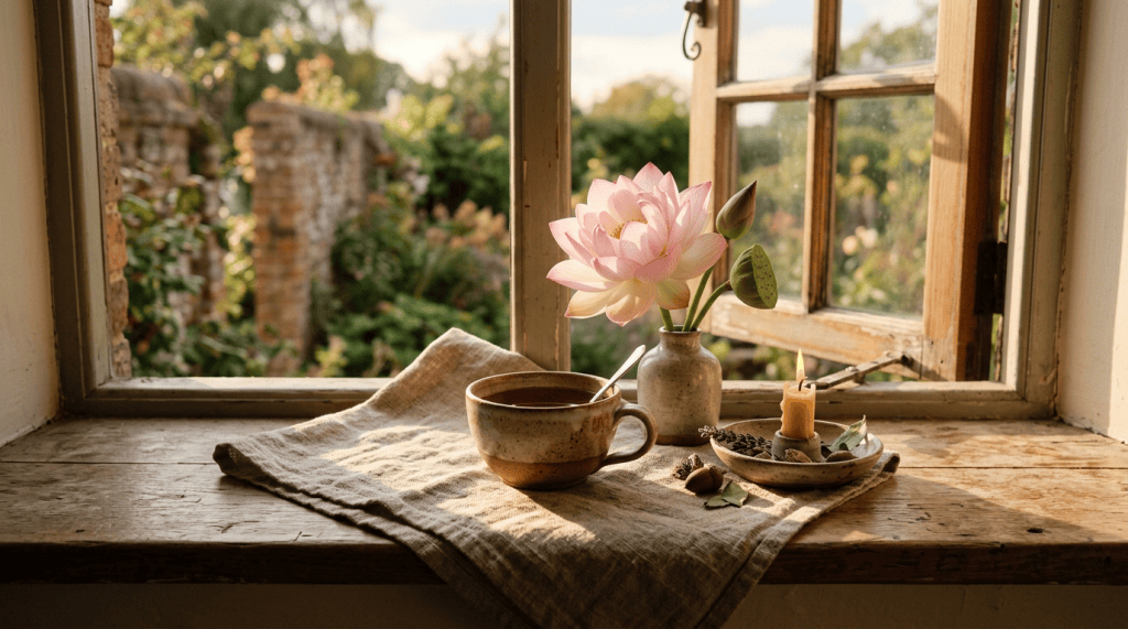 Tea cup, lotus flower, and candle arranged on a cloth by an open window