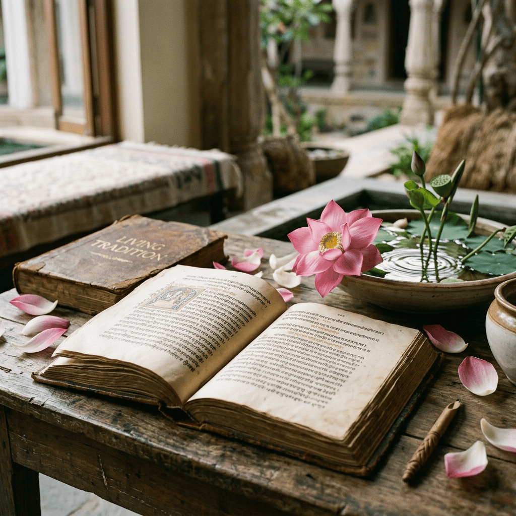 Open antique manuscript beside a pink lotus and small water basin