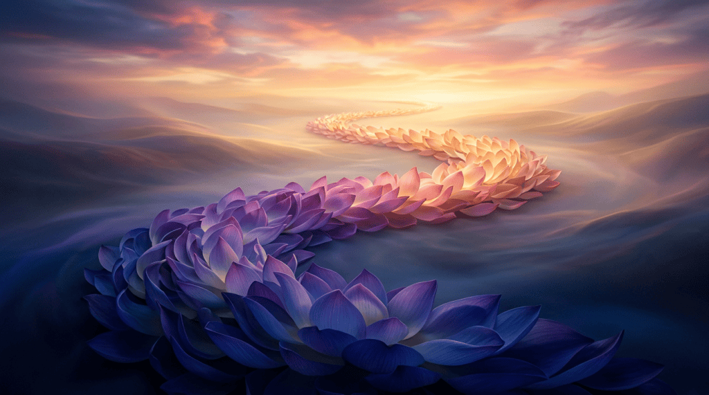 Winding trail of lotus blossoms leading toward a glowing horizon