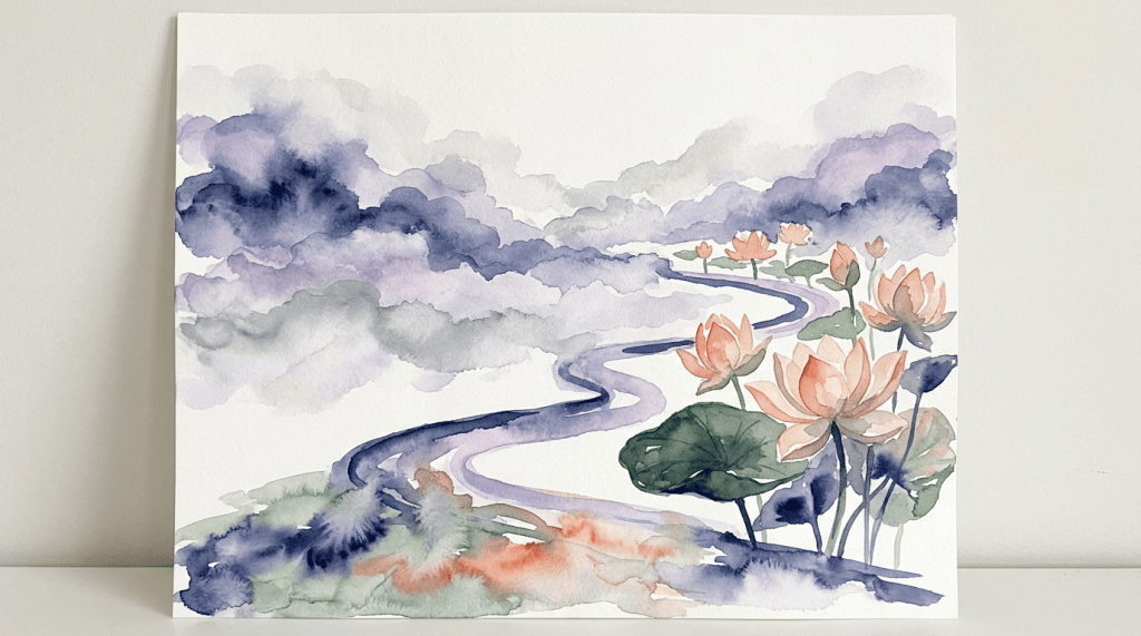 Watercolor landscape with winding stream, lotus flowers, and layered clouds