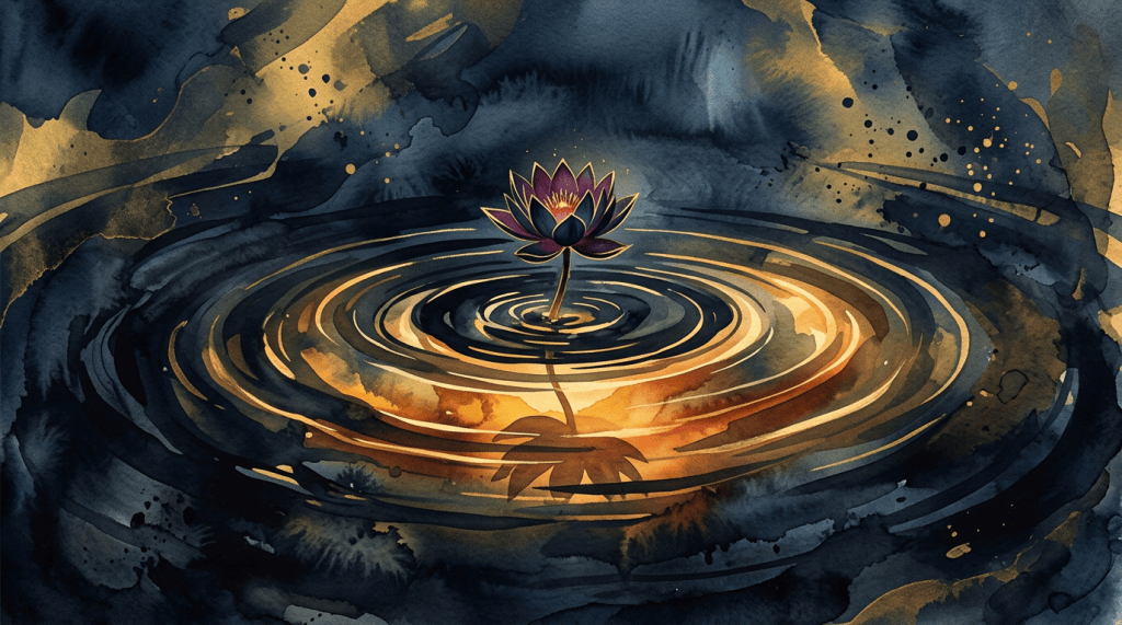 Purple lotus flower floating on dark water with golden ripples