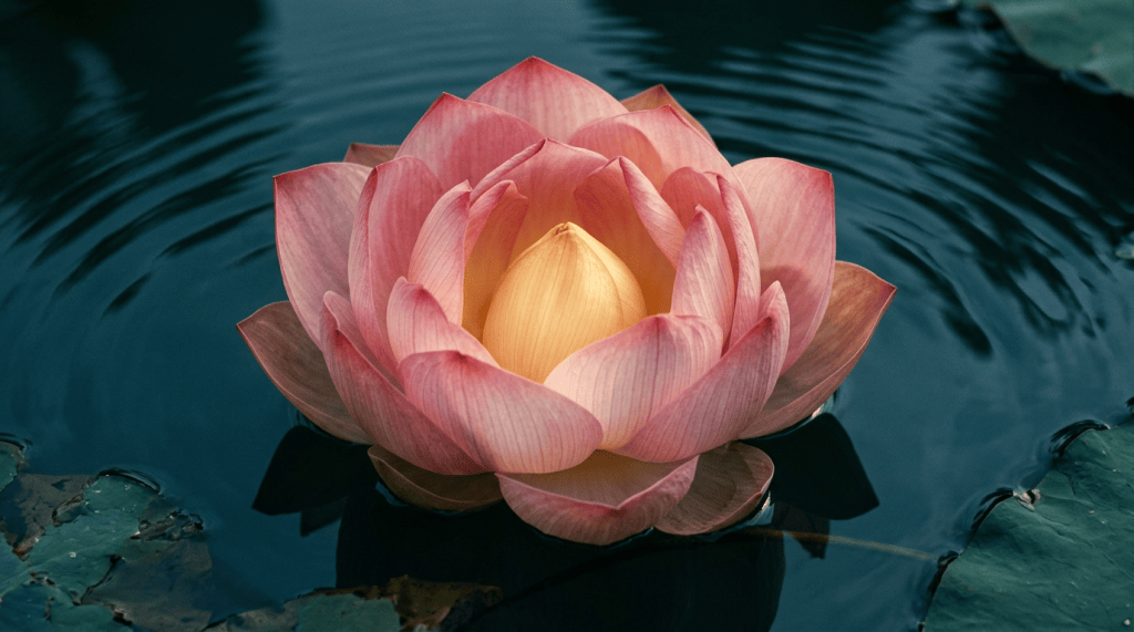 Pink lotus flower blooming on dark pond water among lily pads