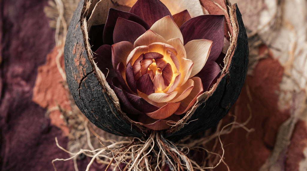 Lotus petals opening within a protective shell