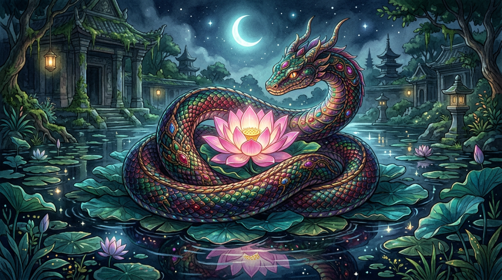 Jewel-scaled dragon coiled around a glowing lotus in a moonlit pond