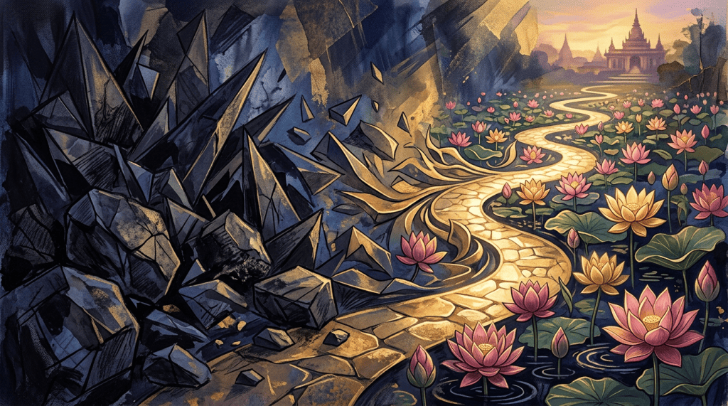 Golden stone path winding through lotus ponds toward a distant palace