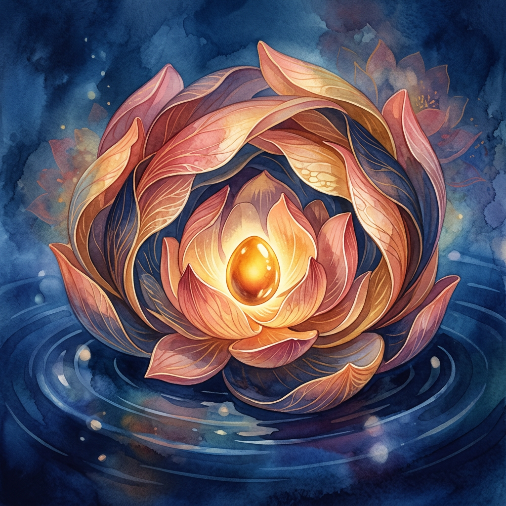 Layered lotus petals sheltering a glowing seed