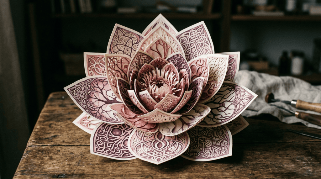 Intricately patterned layered paper lotus on a wooden workbench