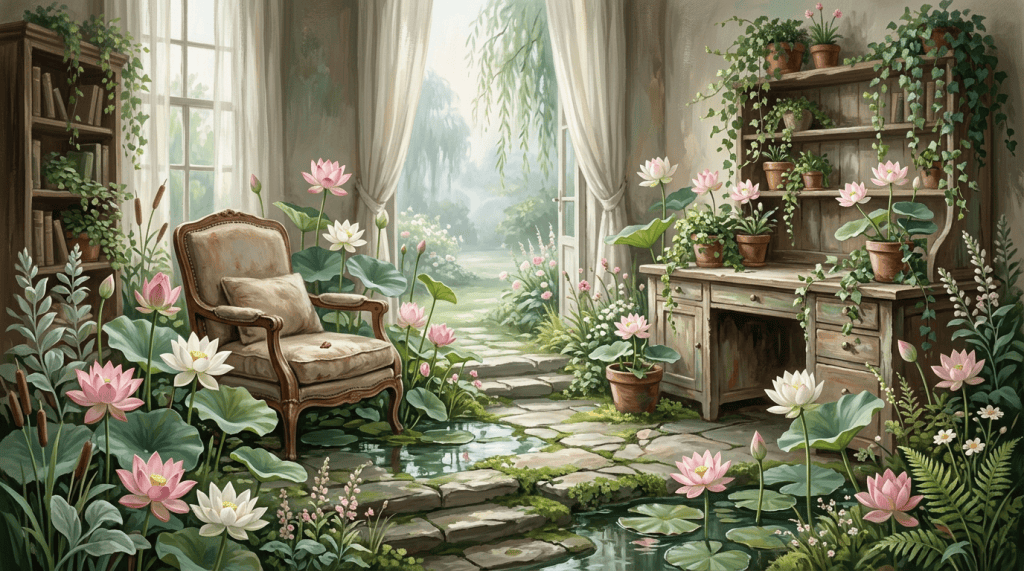 Vintage armchair surrounded by lotus flowers and houseplants in a sunlit room