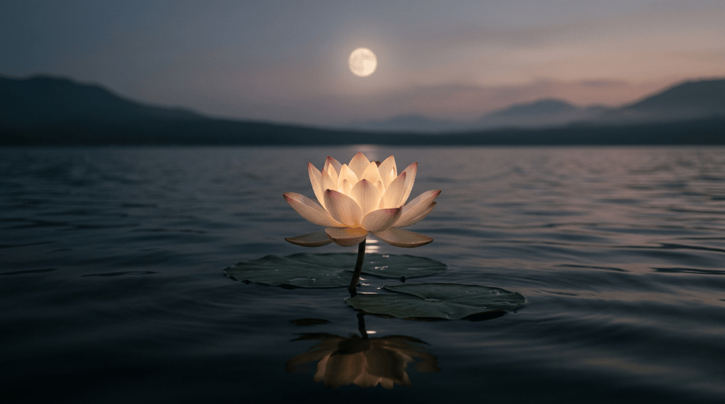 Pink lotus flower floating on a dark lake beneath the moon