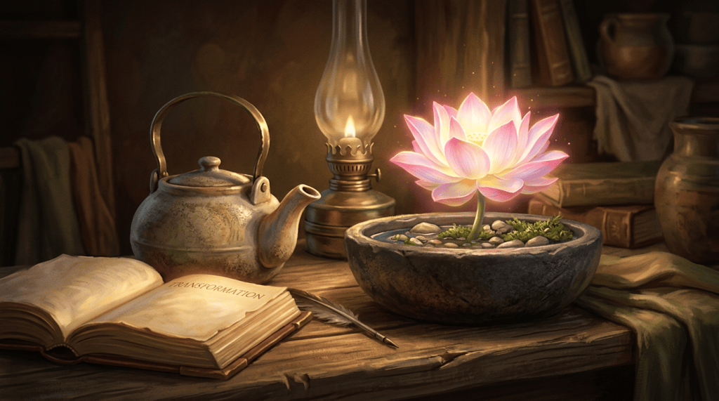 Glowing lotus in a bowl beside an open journal labeled “TRANSFORMATION,” teapot, and oil lamp