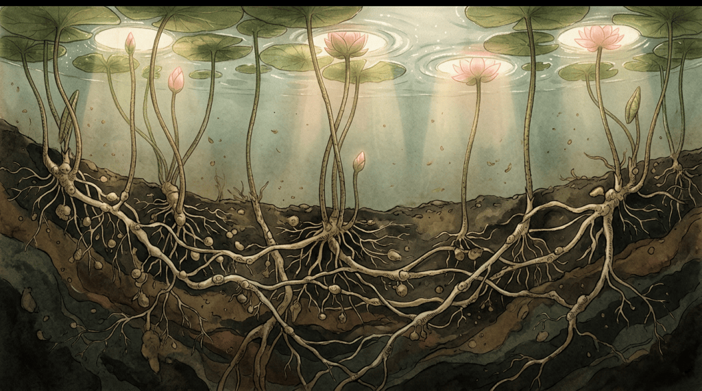 Illustration of lotus flowers, leaves, and tangled roots beneath a pond surface
