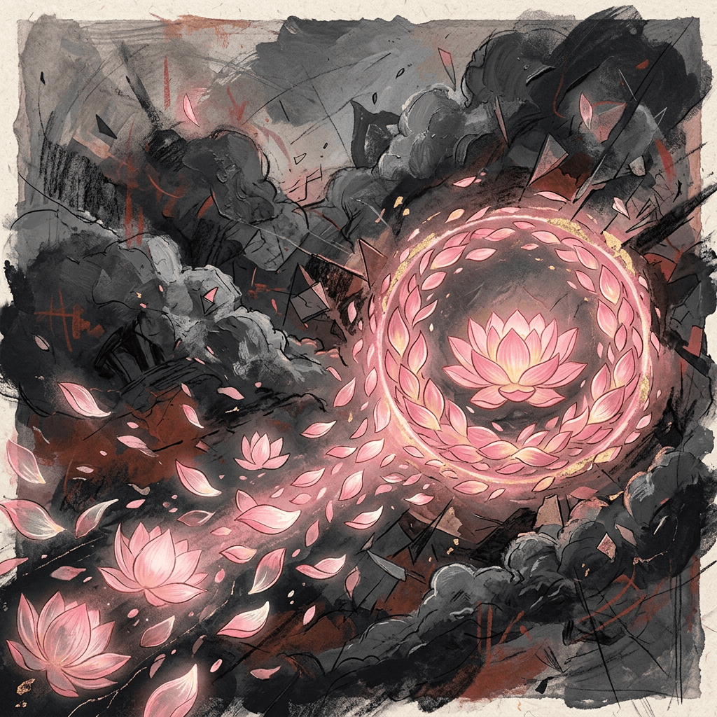 Glowing lotus mandala surrounded by dark clouds and falling pink petals