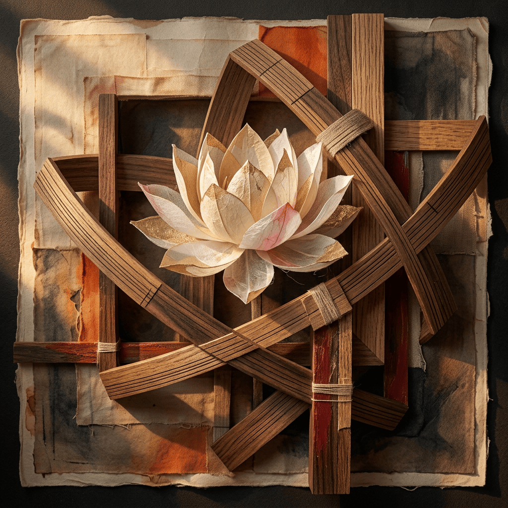 Paper lotus flower surrounded by layered wooden frames and fabric