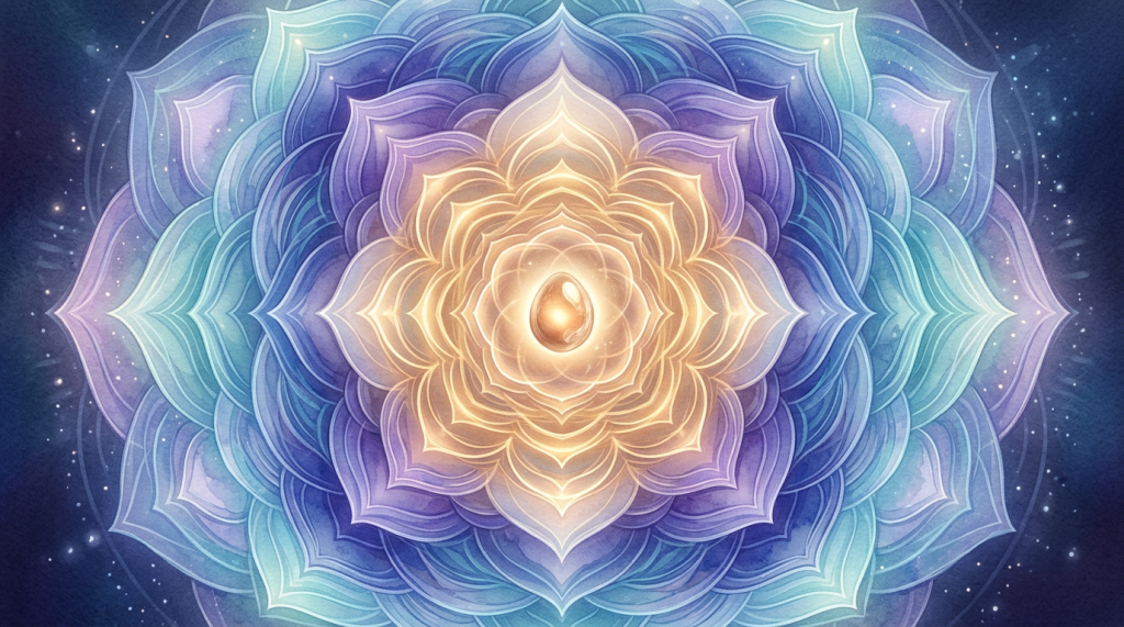 Symmetrical layered mandala with a glowing golden center and blue violet petals
