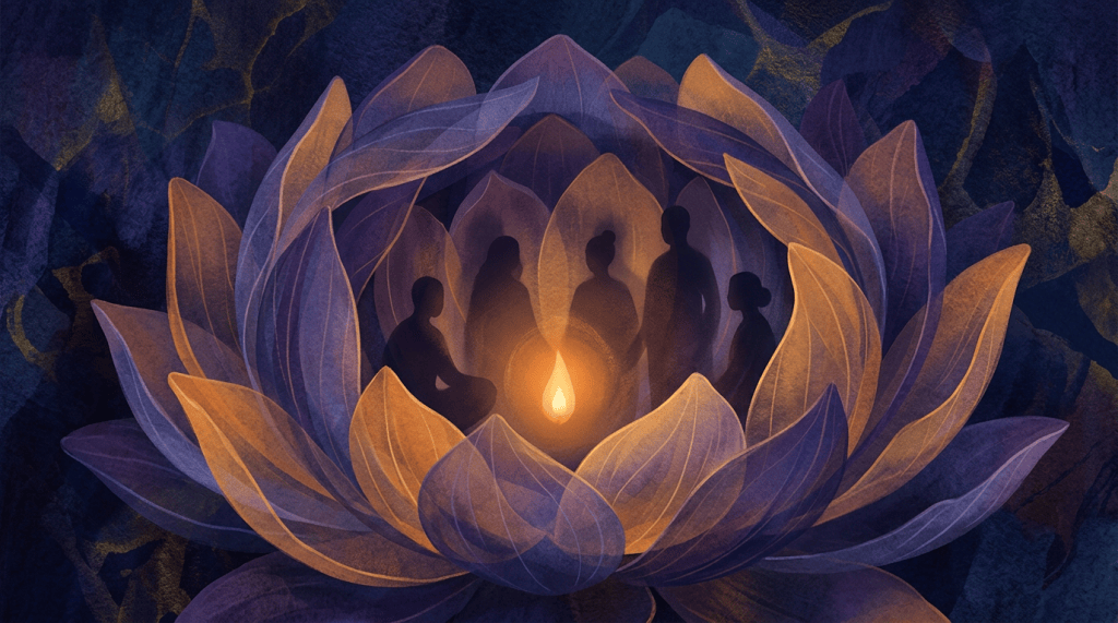Five silhouettes gathered around a glowing flame inside a lotus flower