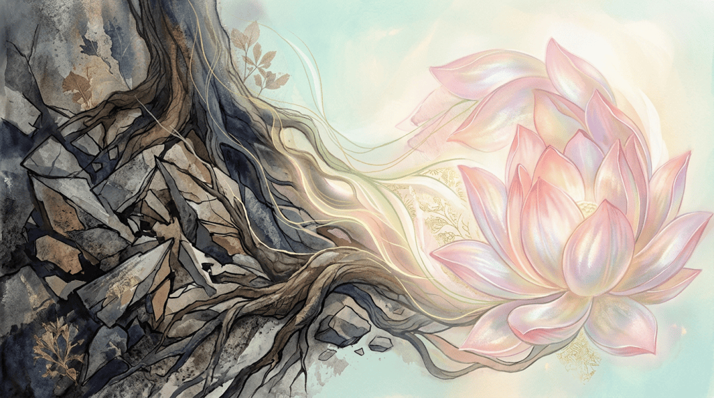 Pink lotus flowers emerging from dark roots and fractured stones