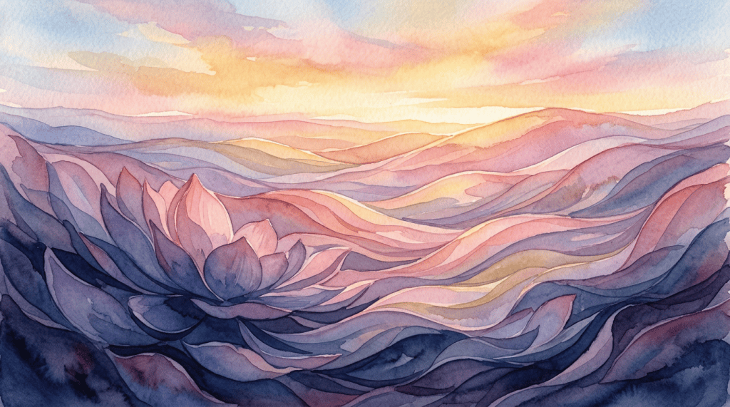 Watercolor landscape of layered mountains beneath a pastel sunset