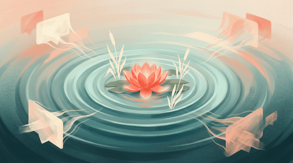 Pink lotus flower floating on concentric ripples in teal water