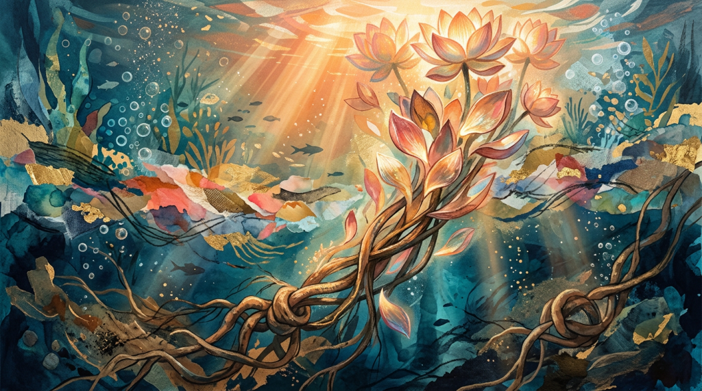 Glowing lotus flowers rise through an underwater garden with fish and sunbeams