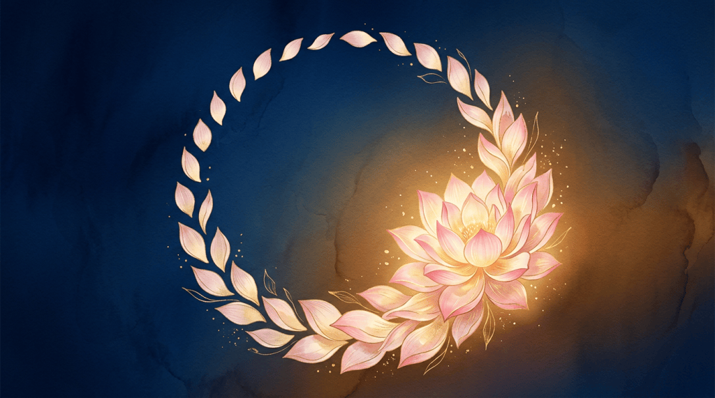 Glowing pink lotus surrounded by a curved wreath on a dark blue background